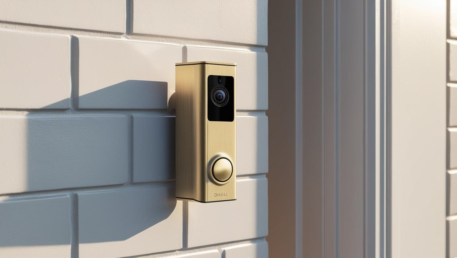 A doorbell is mounted on a white brick wall.