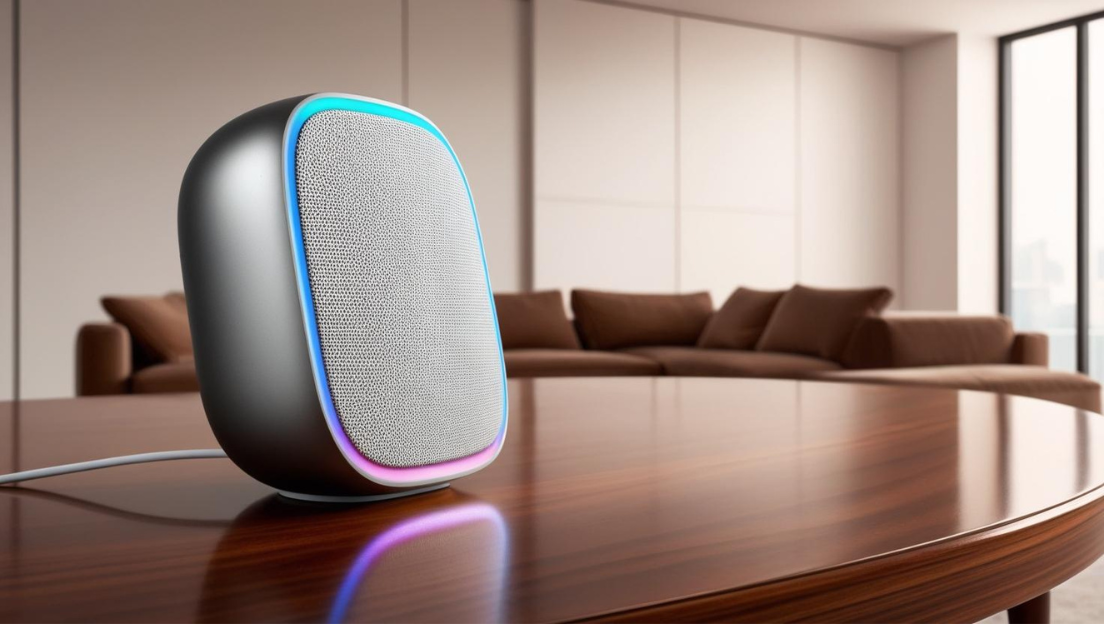 Een slimme speaker staat op een houten tafel in de woonkamer.