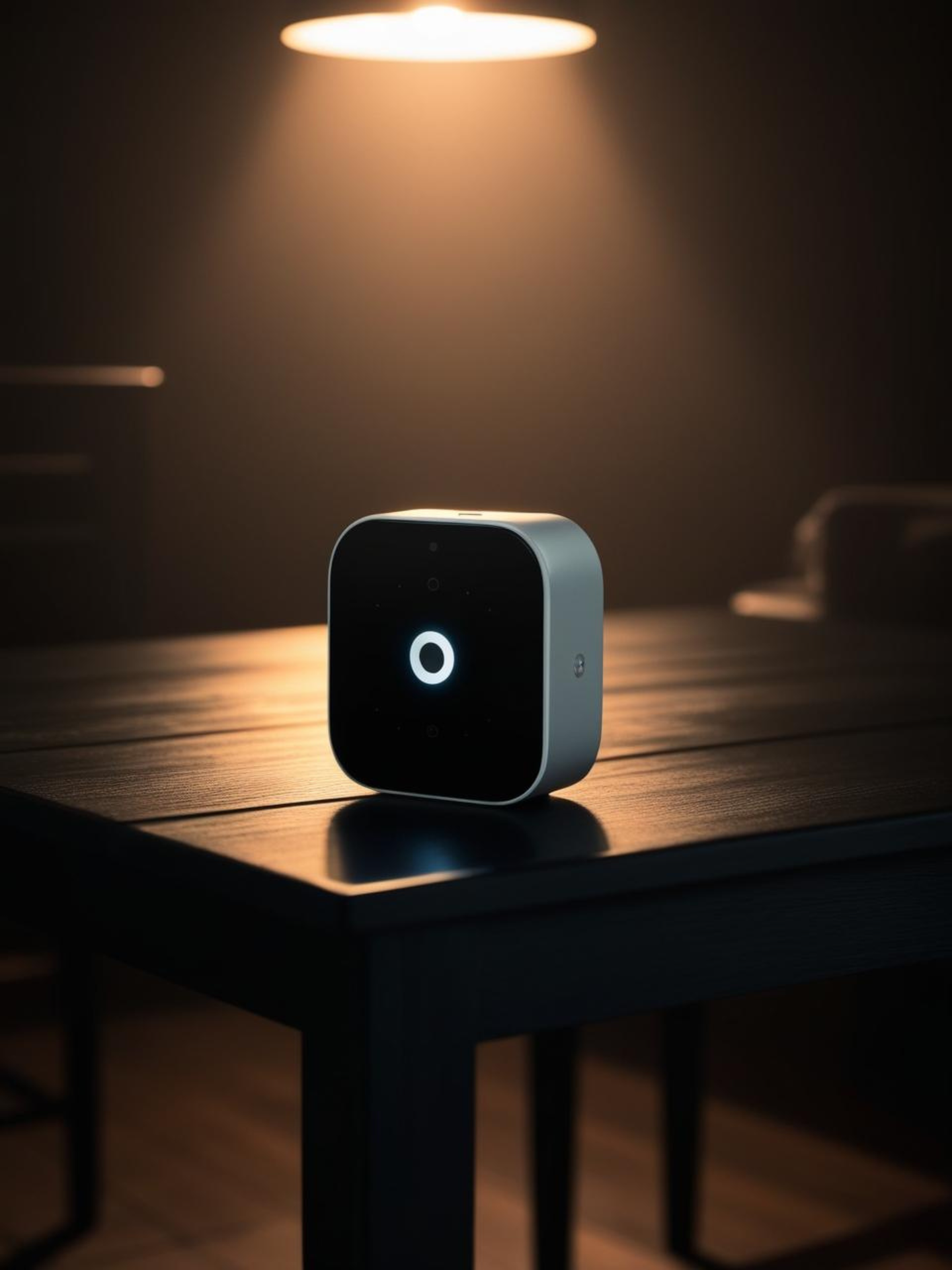 Een klein apparaat staat bovenop een houten tafel.