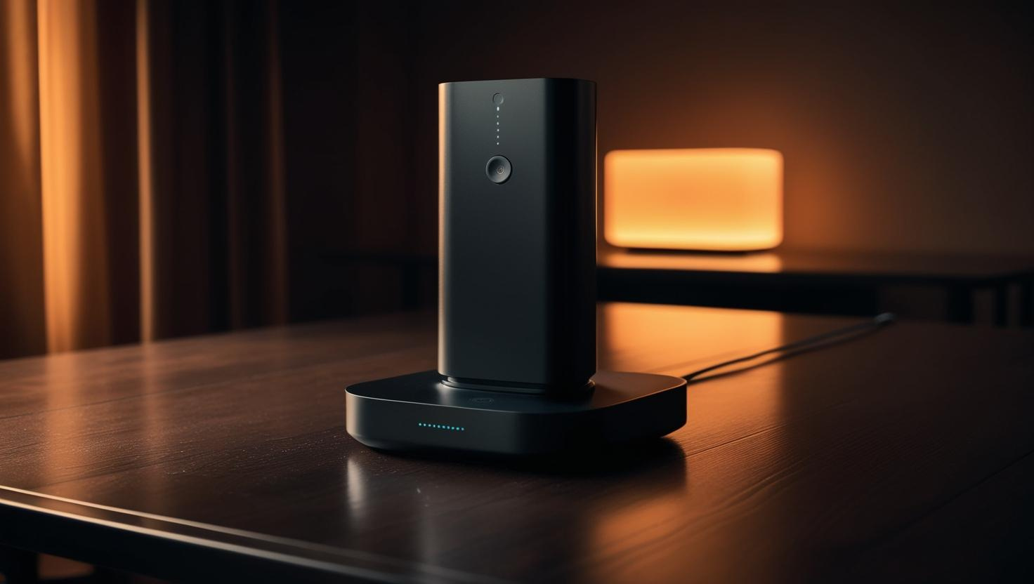 Een zwarte powerbank staat op een houten tafel.