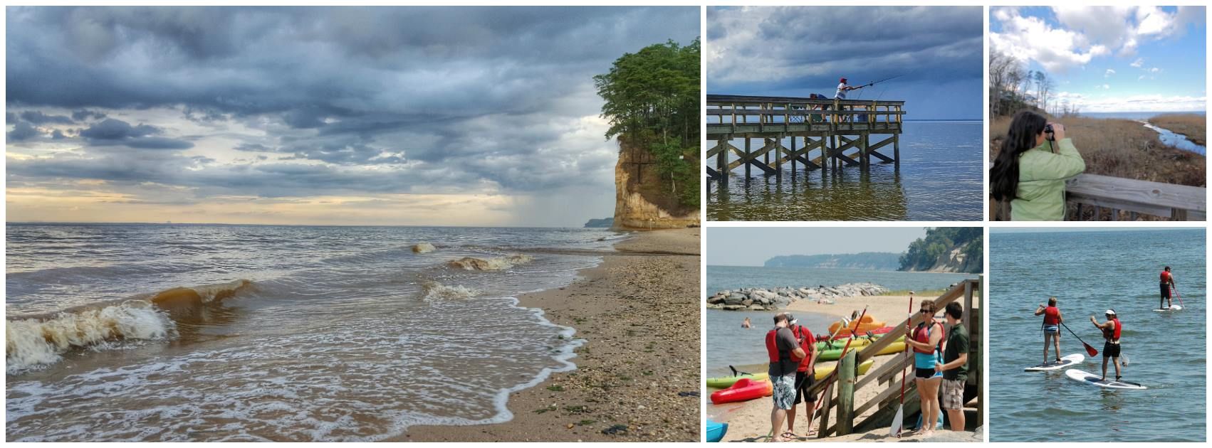 A collage of beach scenes with water activities, including waves, a pier, people, and paddleboards.