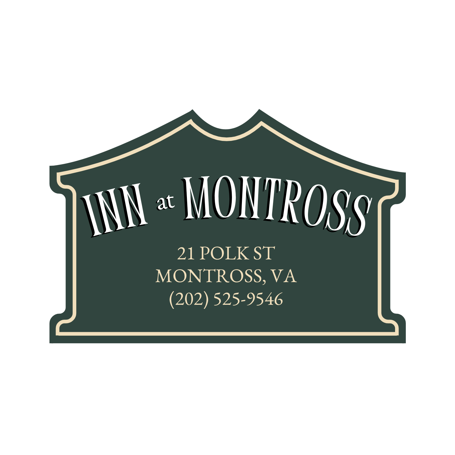 Sign for Inn at Montross, a green and cream colored plaque with text for address and phone number.