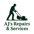 Silhouette of a person mowing a lawn, "AJ's Repairs & Services" text below.