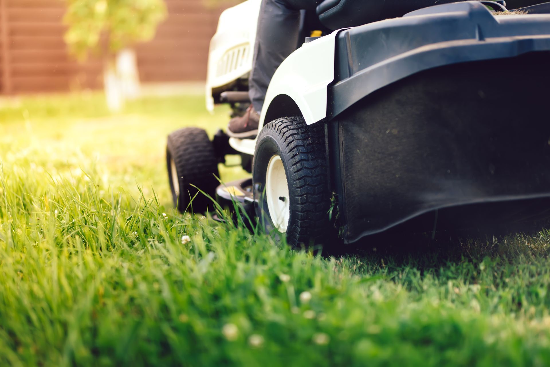 Lawnmower cutting grass; close-up view of a person riding the mower in a yard on a sunny day.