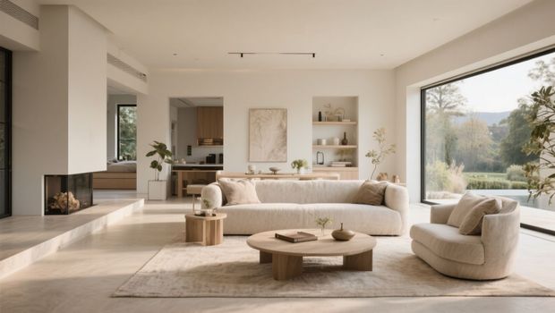 Spacious, bright living room with neutral tones, a fireplace, large windows overlooking a landscape, and modern furniture.