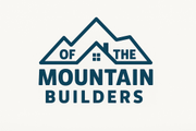 Logo for Mountain Builders: Blue mountain silhouette with a house, and text "OF THE MOUNTAIN BUILDERS" below.