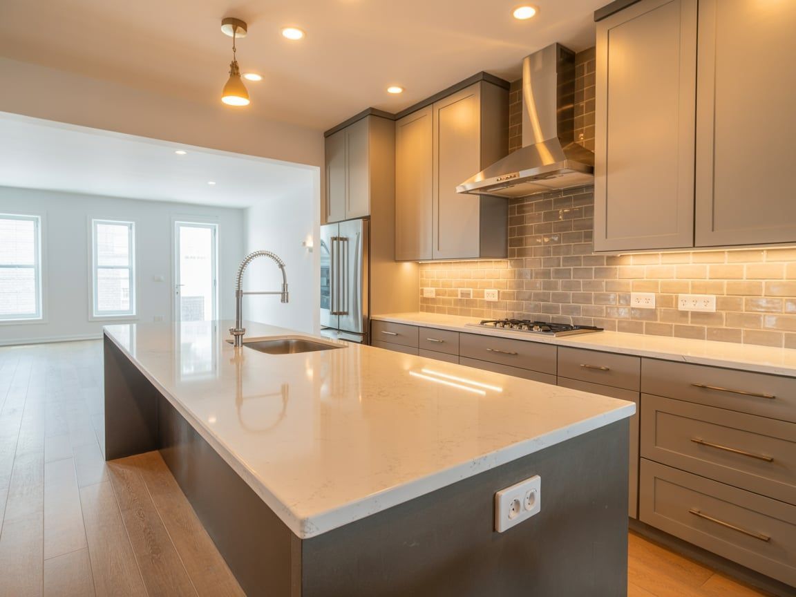 Modern kitchen with gray cabinets, white countertops, and a large island.