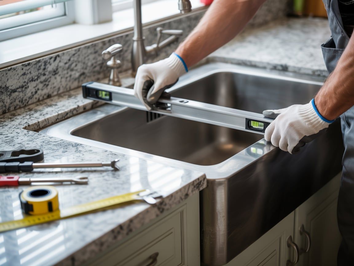 Person in gloves using a level to install a stainless steel sink in a kitchen.