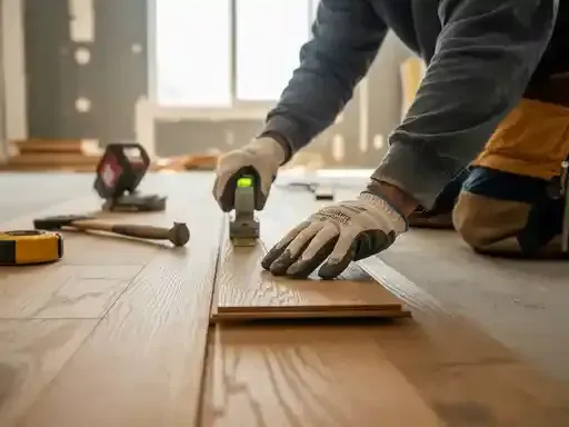 A worker installs wooden flooring, using tools like a level and hammer, in a room with a window.