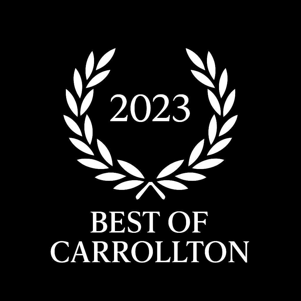 A white laurel wreath with the words `` best of carrollton '' on a black background.