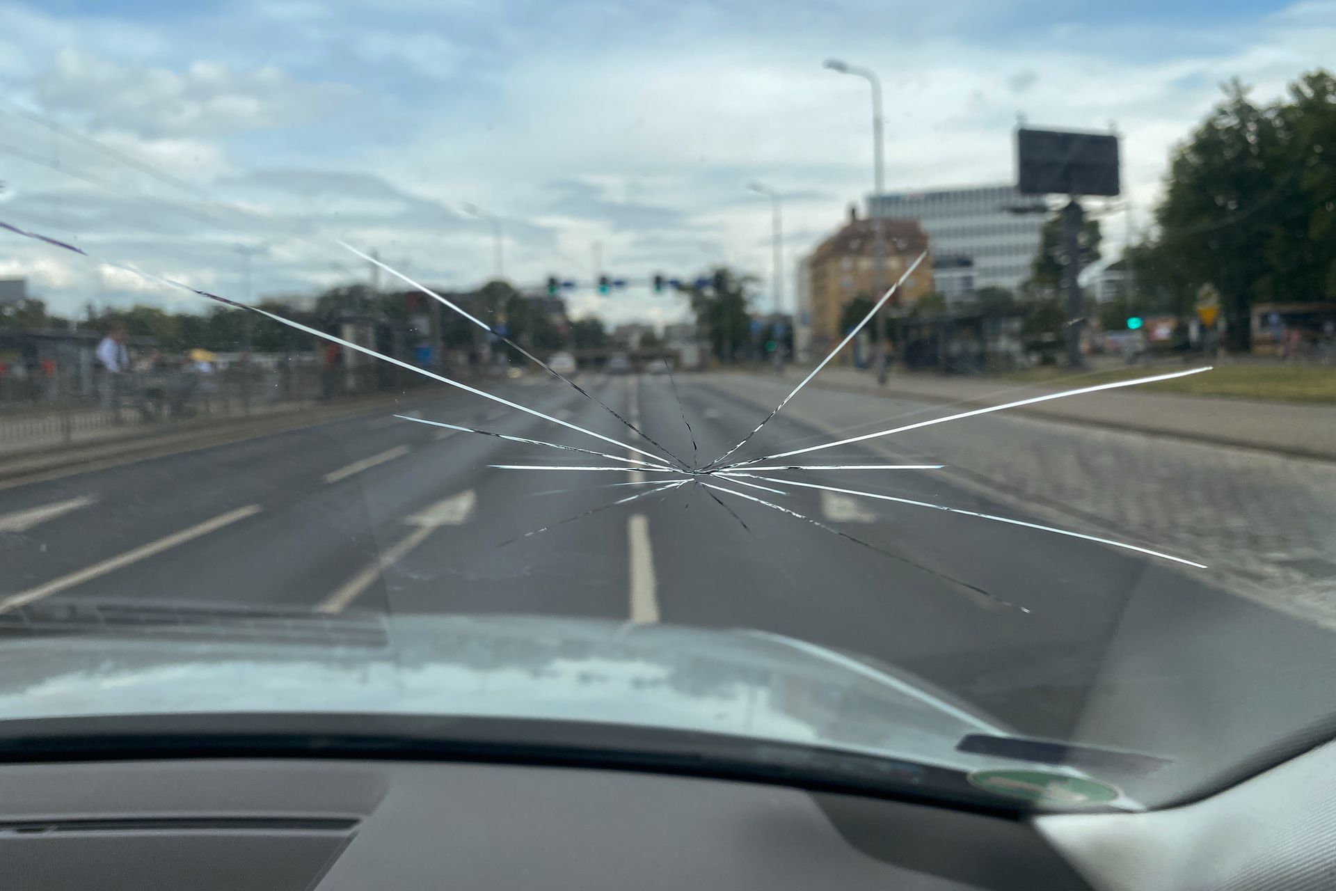 A car with a cracked windshield