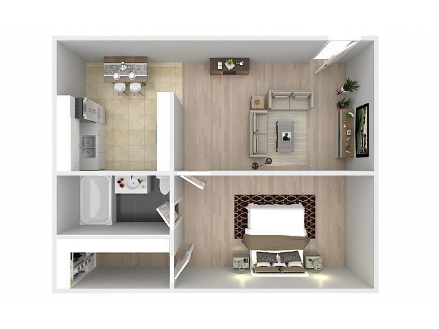 Top-down view of a small apartment floor plan with kitchen, bathroom, living area, and bedroom.