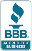 a blue and white bbb accredited business logo with a flame .