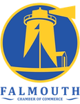 a blue and yellow logo for falmouth chamber of commerce