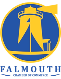 a blue and yellow logo for falmouth chamber of commerce