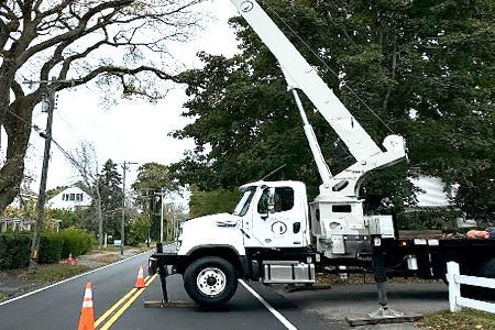 a white truck with a crane attached to it is parked on the side of the road .