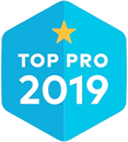 a blue badge that says top pro 2019 with a yellow star
