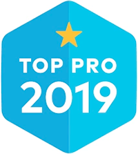 a blue badge that says top pro 2019 with a yellow star