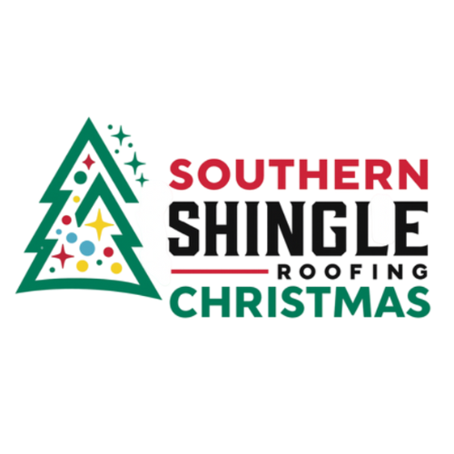 Southern Shingle Roofing Christmas logo: Green Christmas tree with colorful ornaments, text in red, black, and green.