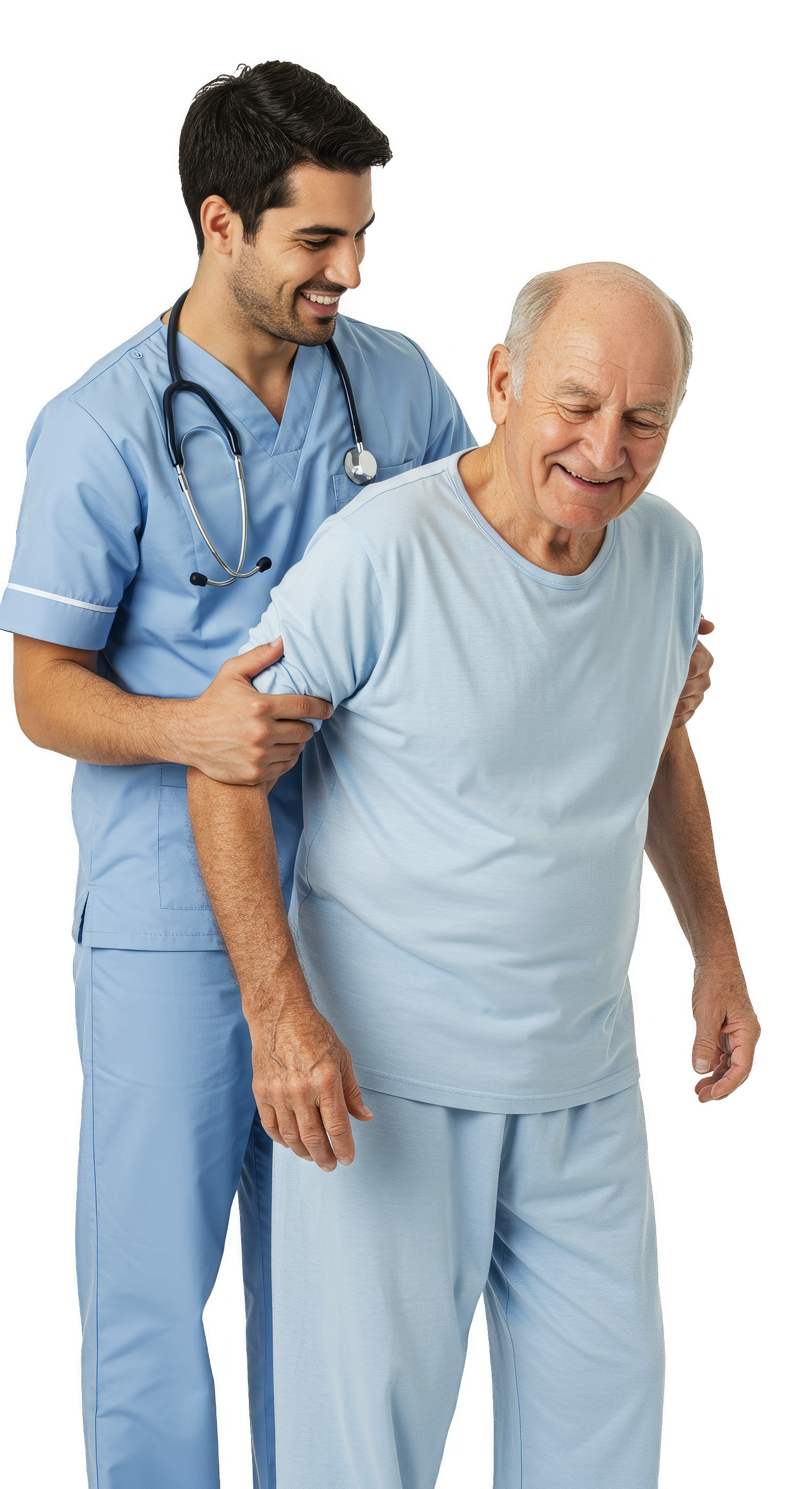 Healthcare worker assists an elderly patient with walking; both are smiling.