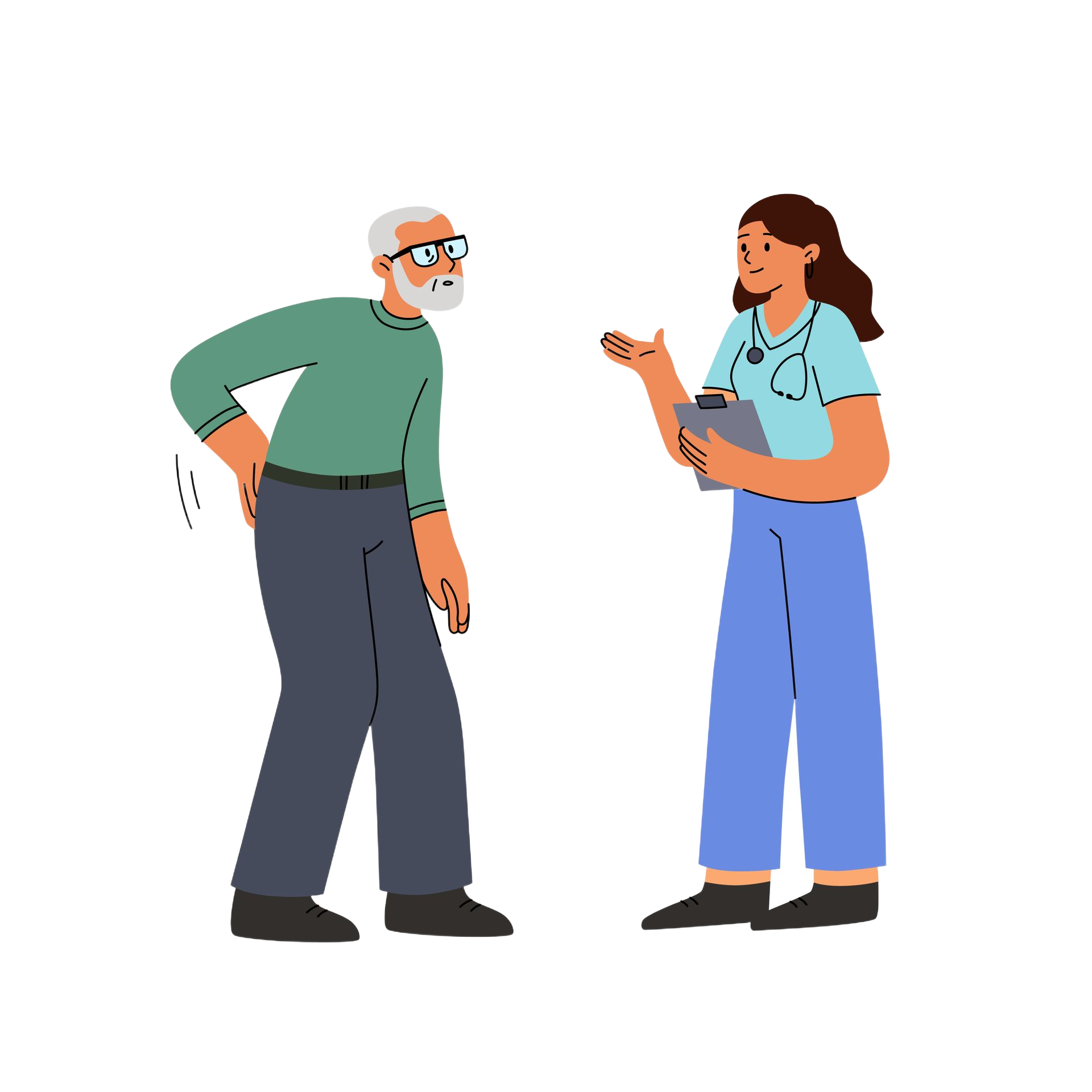 Healthcare worker assists an elderly patient with walking; both are smiling.
