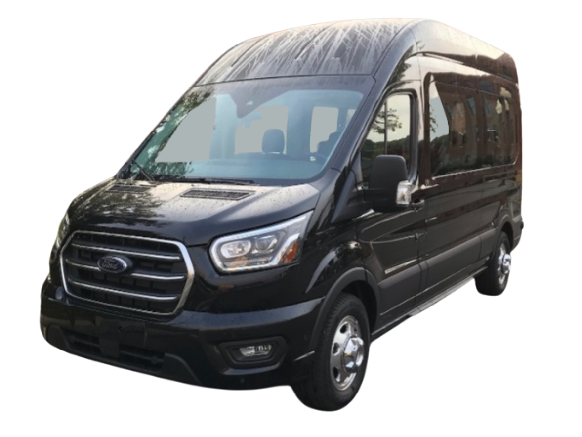 A black ford transit van is shown on a white background.