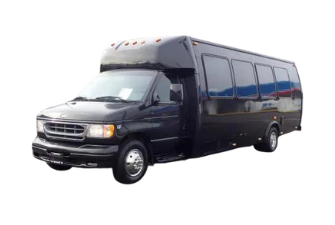 A black van with a lot of windows on a white background.