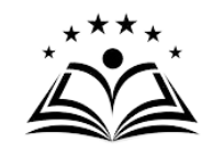 A black and white silhouette of an open book with stars around it.