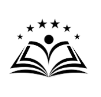 A black and white silhouette of an open book with stars around it.