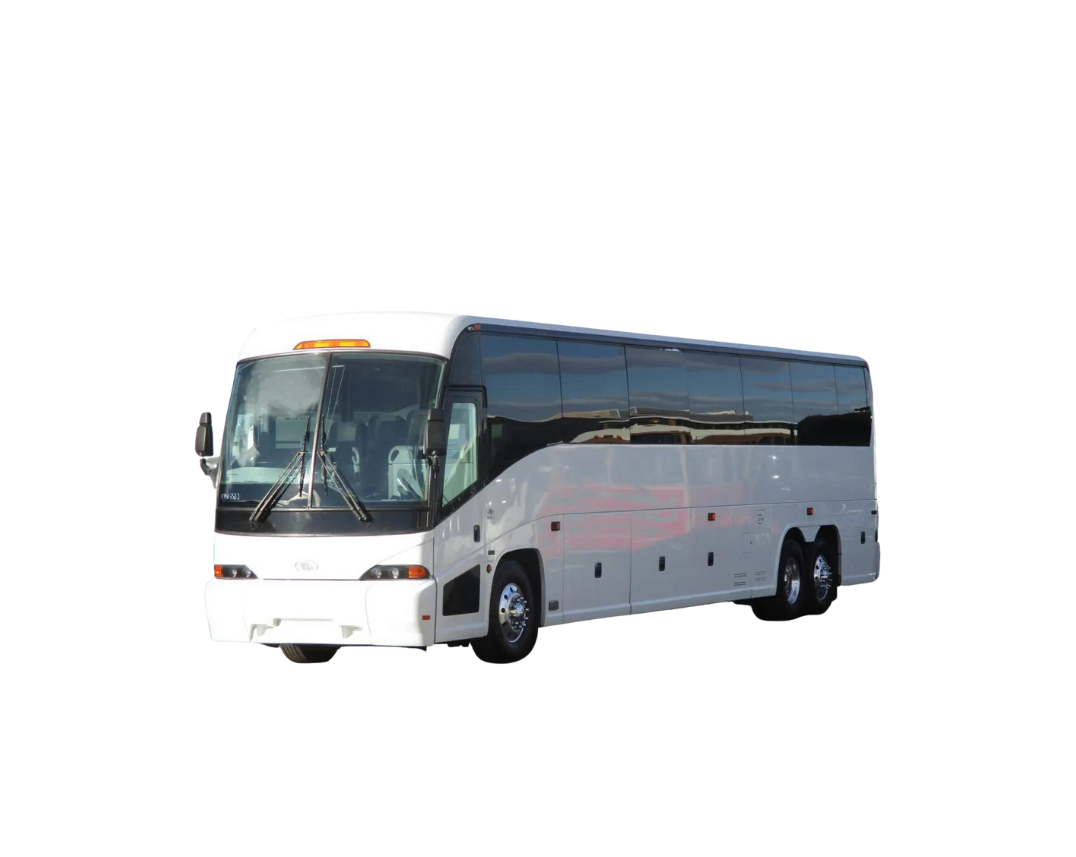 A white and black bus is parked on a white background.