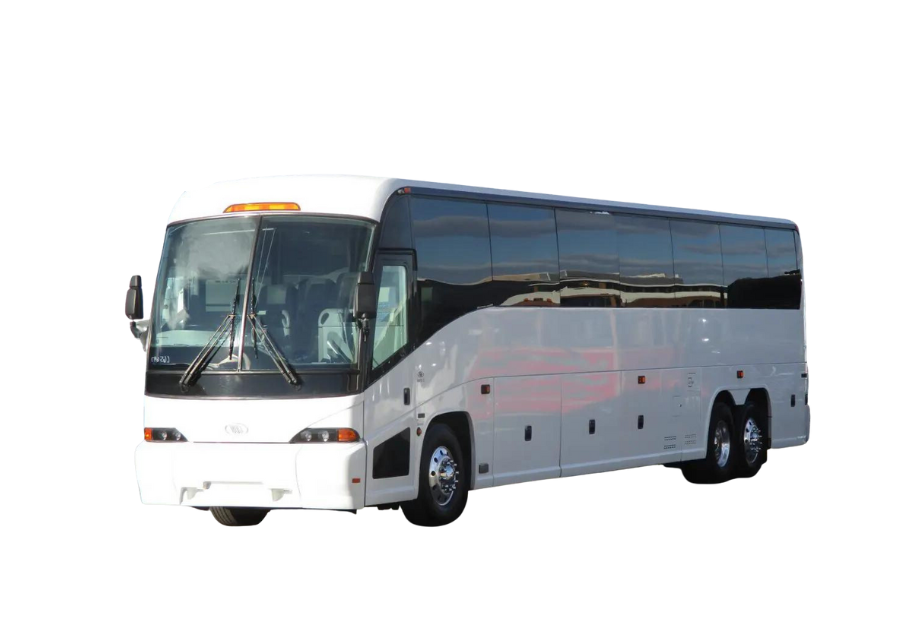 A black bus is parked on a white background.