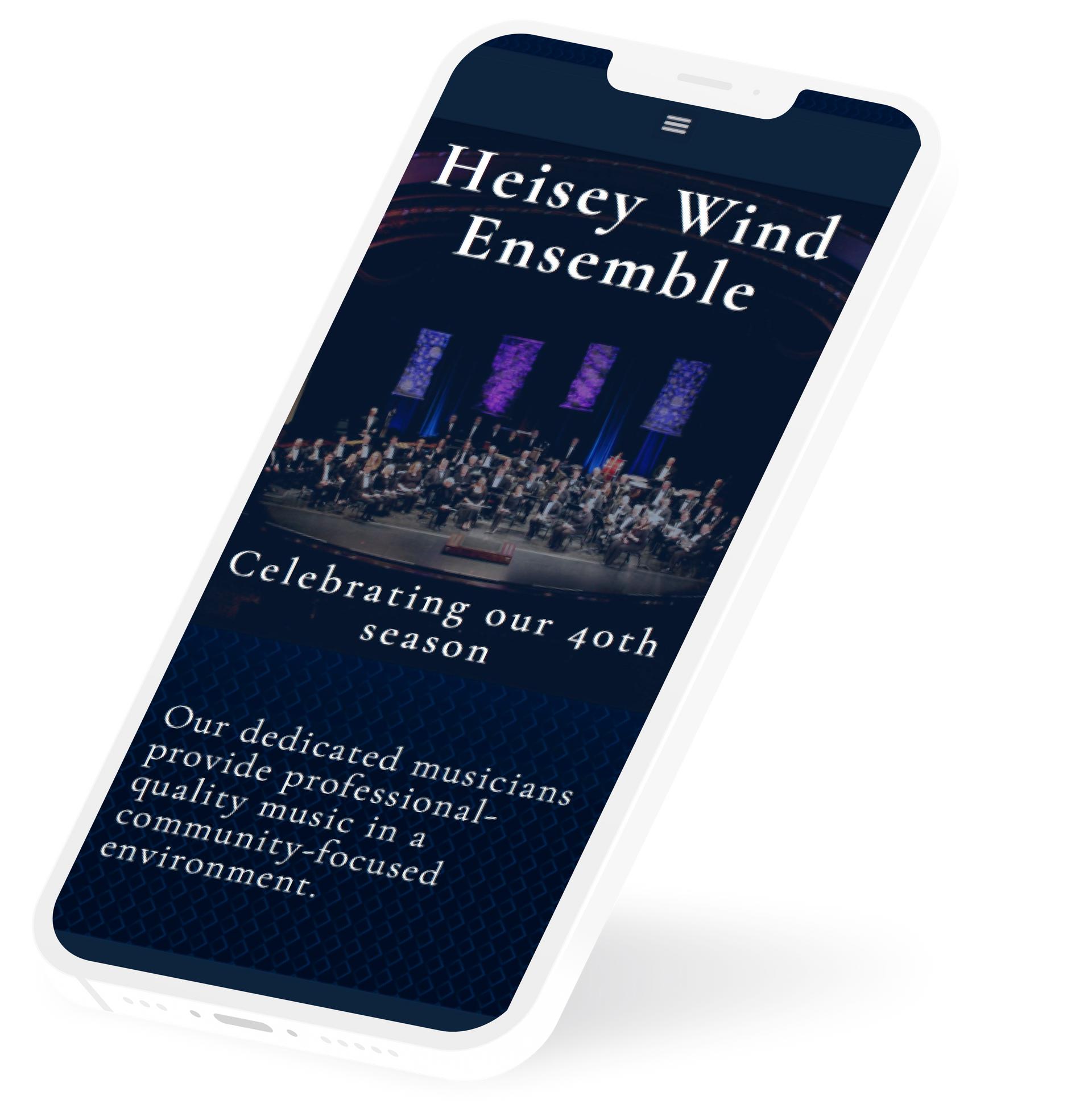 A smartphone screen displaying the Heisey Wind Ensemble's logo and information. Text highlights the 40th season and community focus.