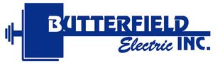 A blue and white logo for butterfield electric inc.
