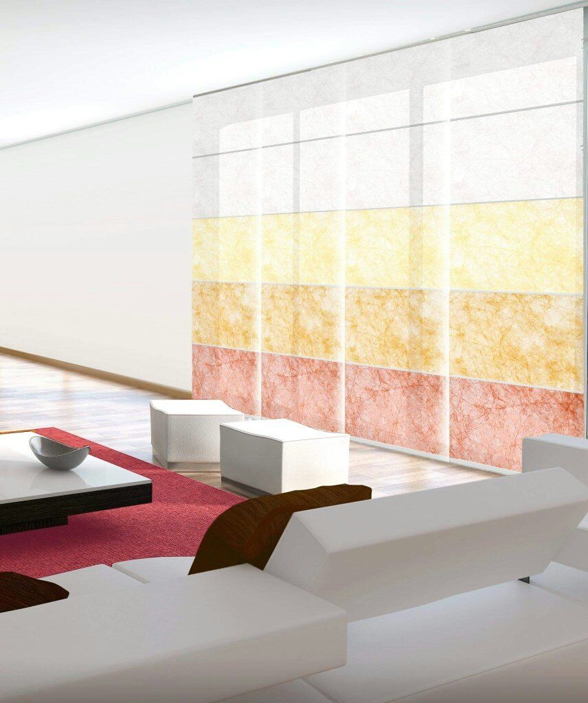 tenda a pannello bianca, rossa, gialla e arancio