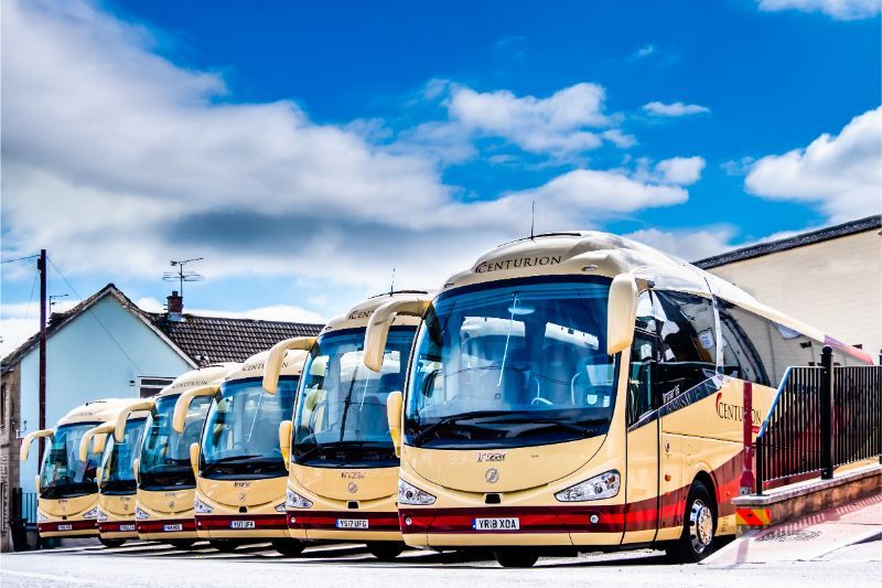 A row of buses are parked in a parking lot.