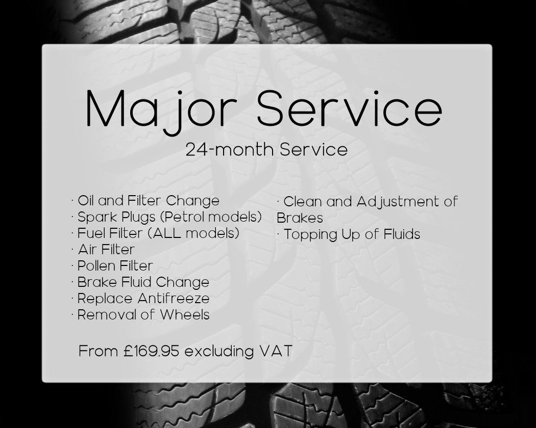 A black and white sign that says major service on it