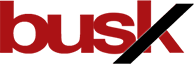 The word busk is written in red letters on a white background.
