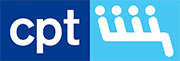A blue and white cpt logo on a blue background