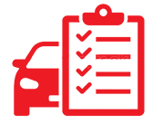 A red car is sitting next to a clipboard with a checklist on it.
