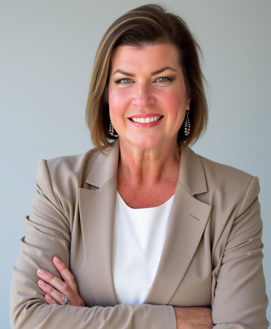 Woman with brown hair and a patterned blazer, smiling, wearing pearl necklaces, against a gray background.
