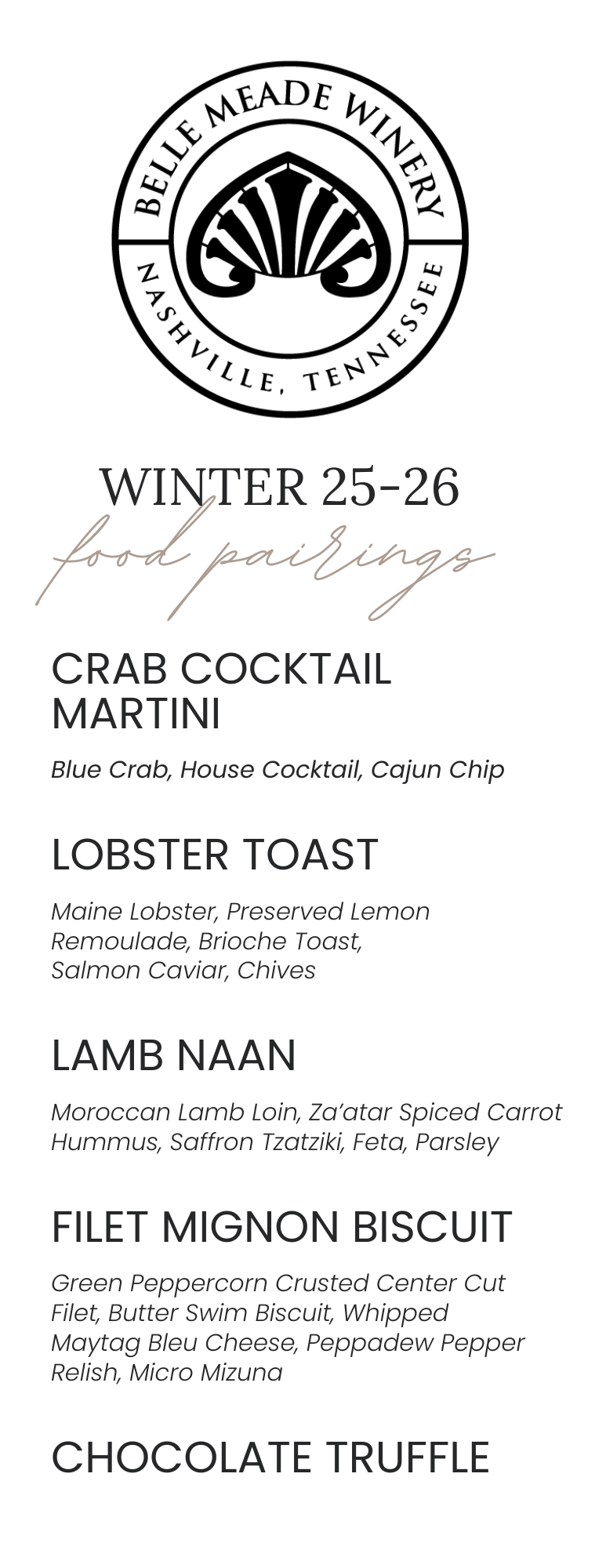 Food menu: Apple Brie Crostini, Shrimp Piccata, Duck Wonton, Bison Barbacoa Flatbread, Chocolate Truffle.