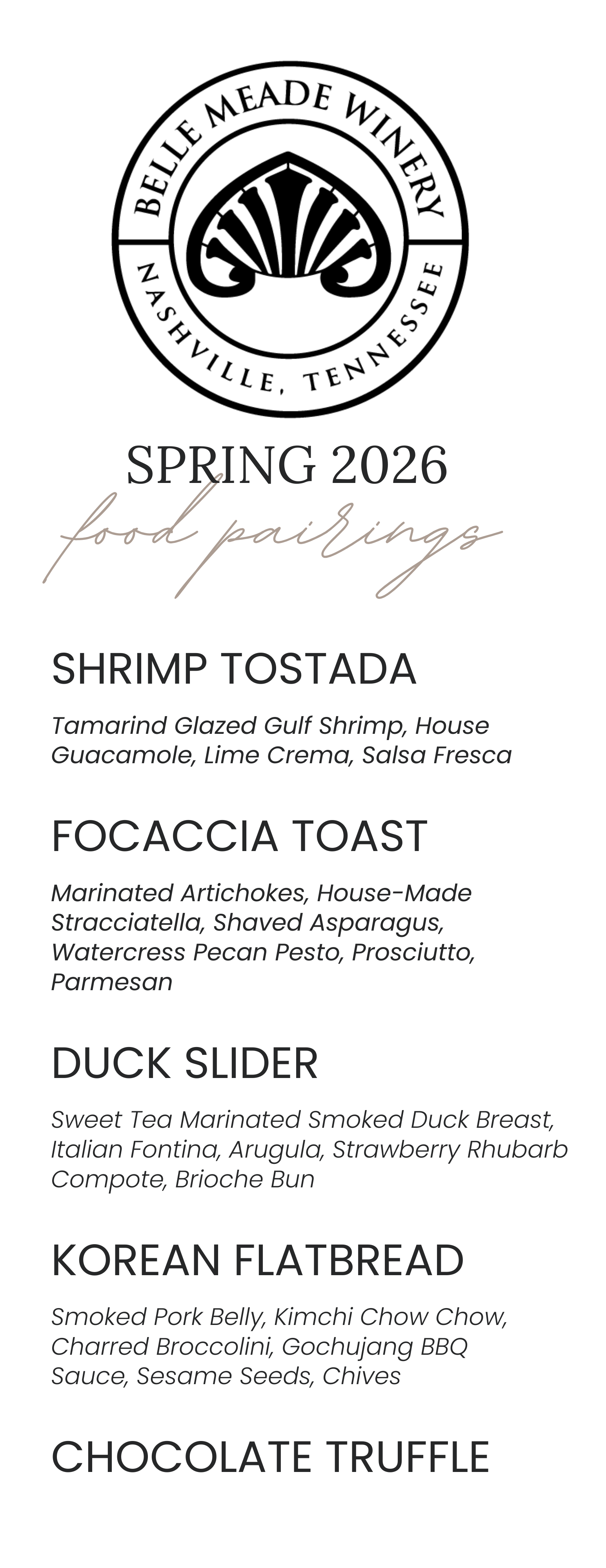 Food menu: Apple Brie Crostini, Shrimp Piccata, Duck Wonton, Bison Barbacoa Flatbread, Chocolate Truffle.