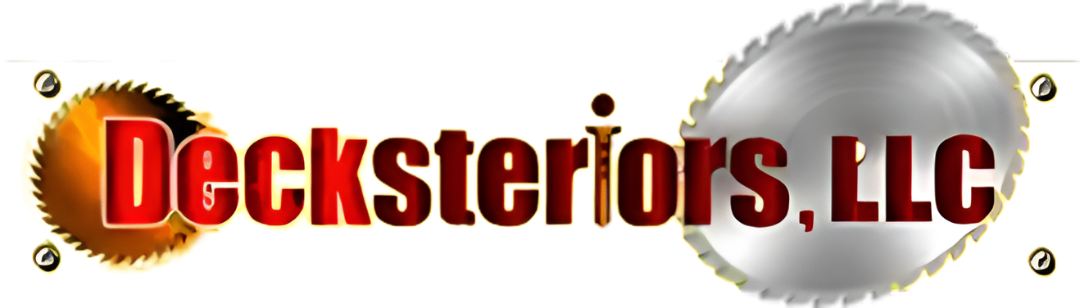 Logo for Decksteriors, LLC, featuring red text with a saw blade on either side.