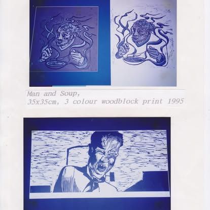 A woodblock print of a man and a woman eating soup — Cairns Custom T-Shirts In Cairns City, QLD