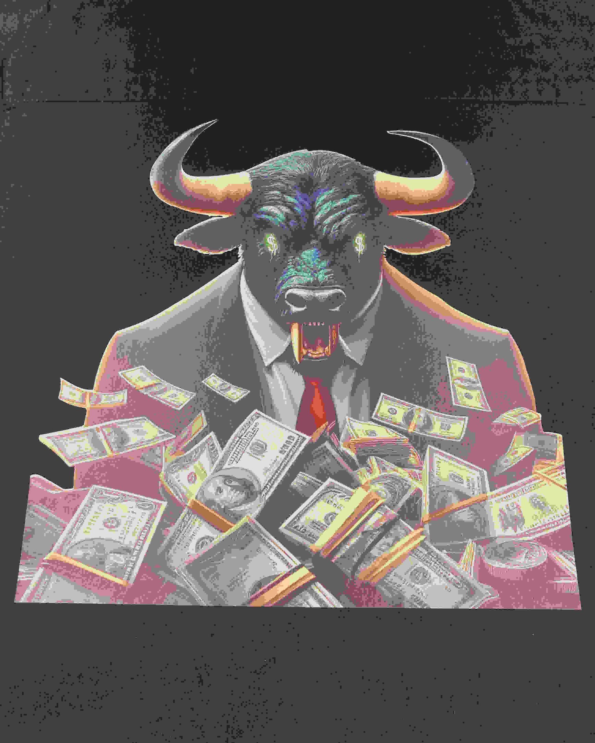 A Bull In A Suit And Tie Is Surrounded By Stacks Of Money — Cairns Custom T-Shirts In Cairns City, QLD