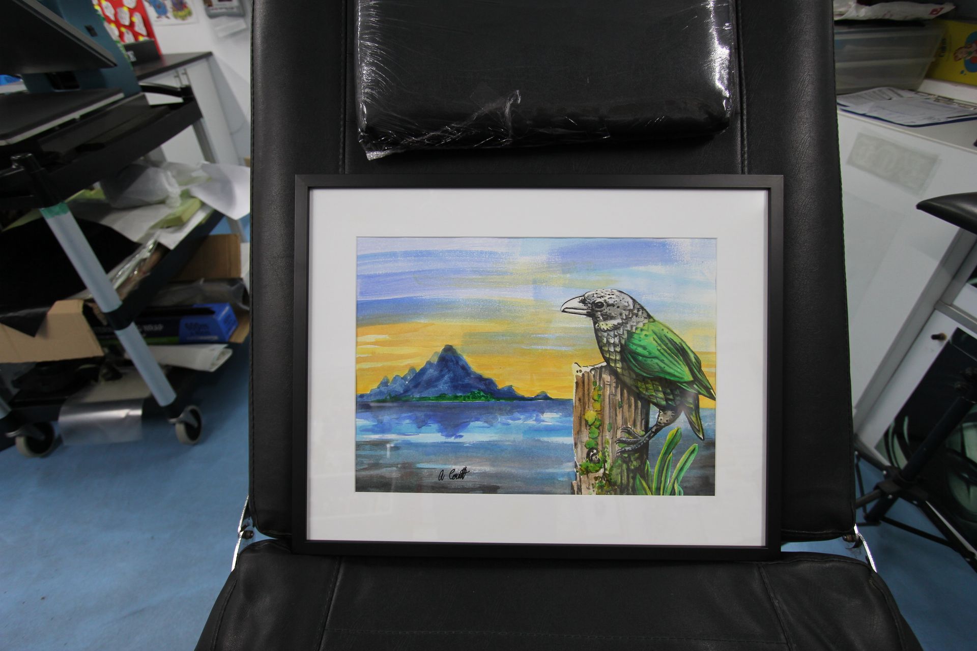 A framed painting of a parrot sitting on a tree stump — Cairns Custom T-Shirts In Cairns City, QLD