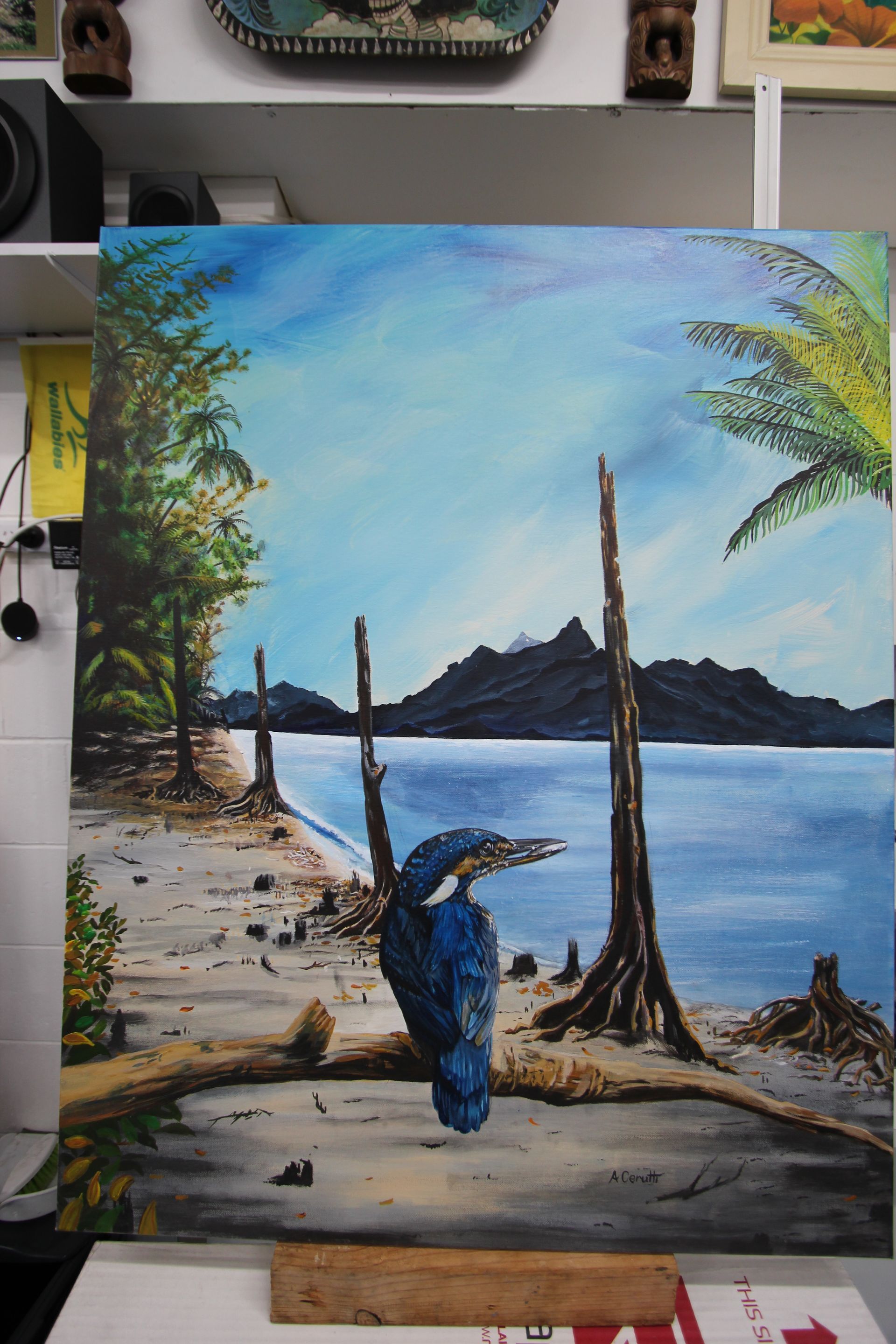 A painting of a blue bird sitting on a tree branch near a body of water — Cairns Custom T-Shirts In Cairns City, QLD