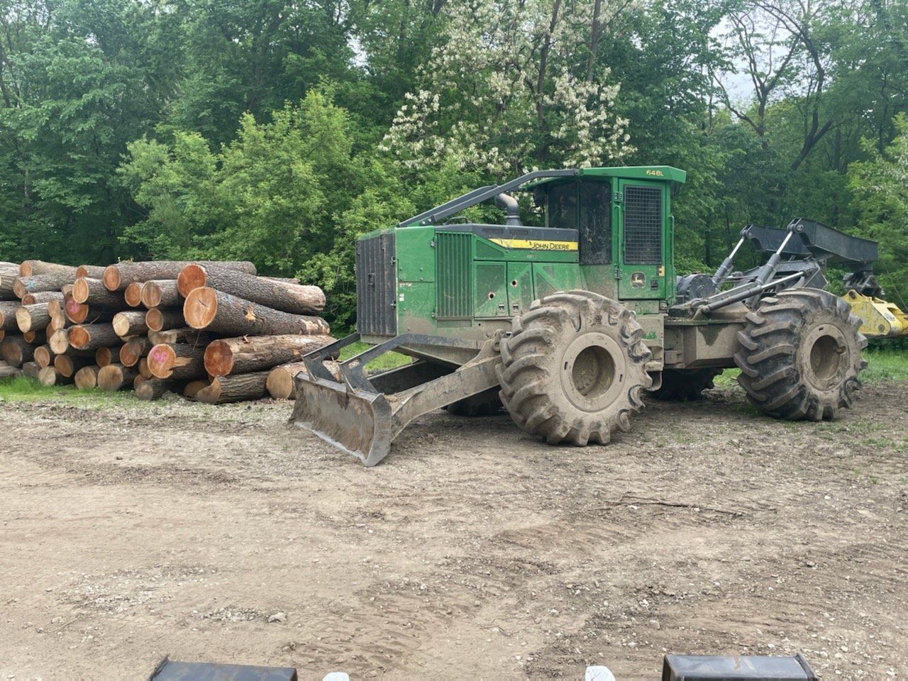 logging equipment next to cut trees