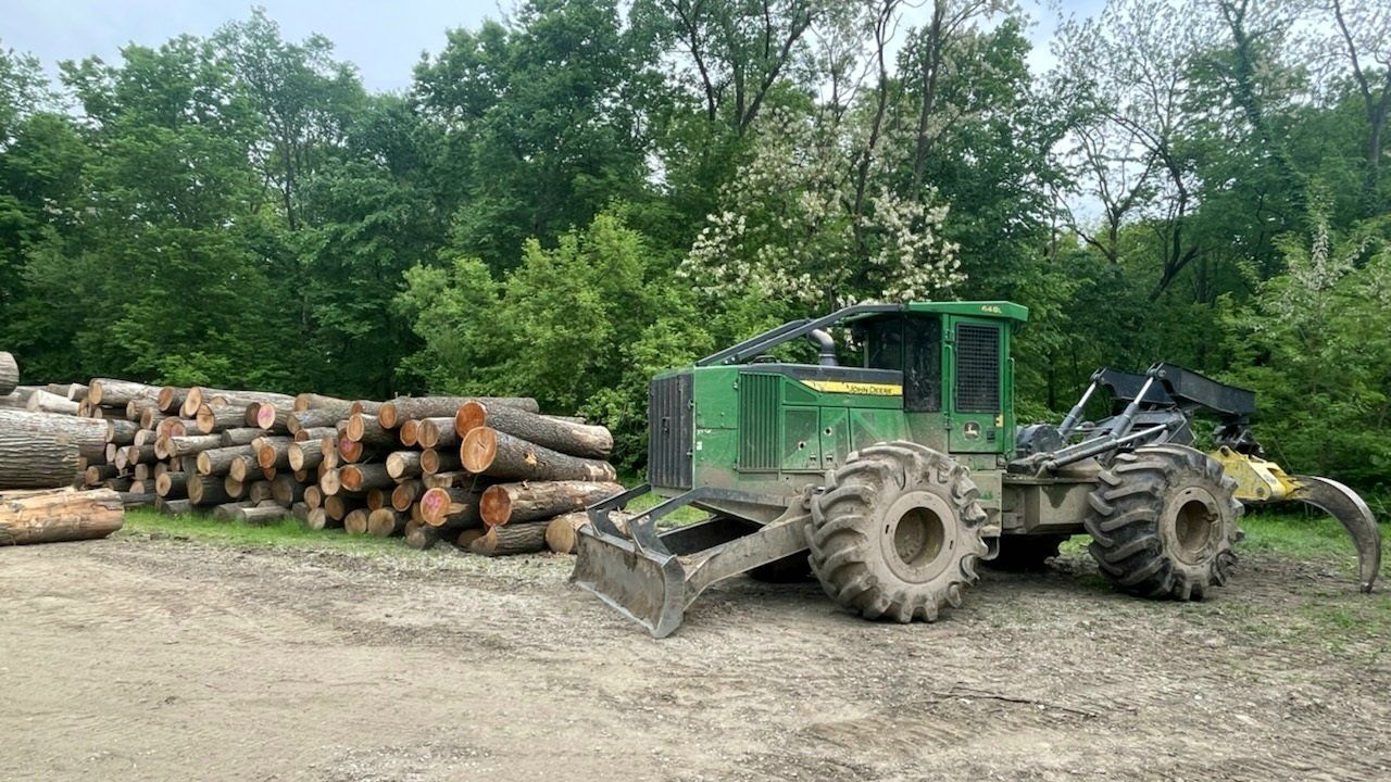 stack of logs and john deere log equipment