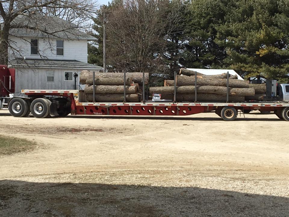 flatbed trailer loaded with logs arriving at sawmill